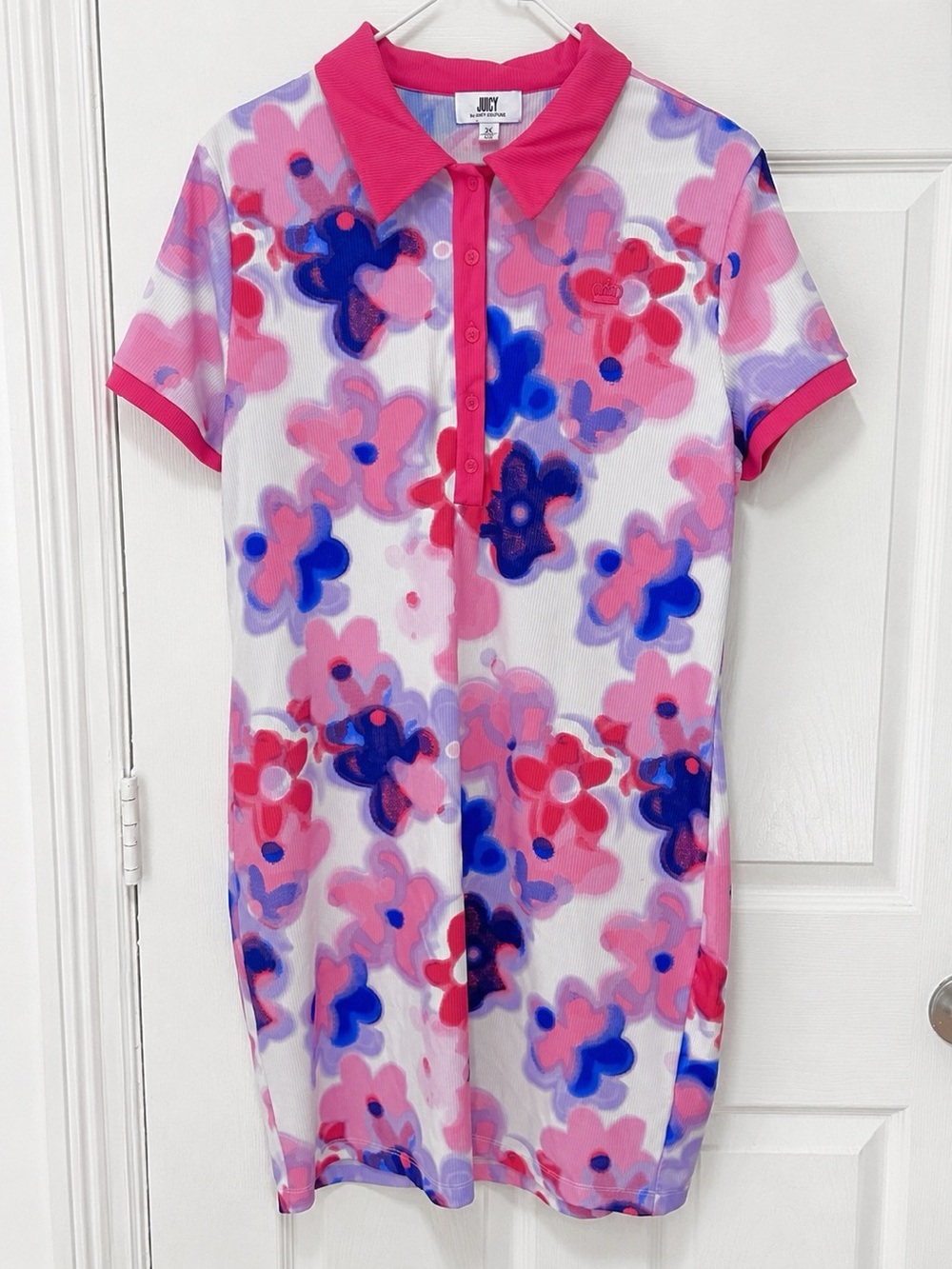 Juicy Couture Floral Polo Dress XL fit L Pink Blue Stretch Ribbed Casual Preppy - Picture 2 of 10